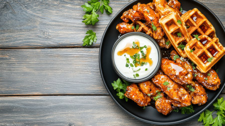 A plate of chicken wings and waffles with syrup and ranch dressingの素材