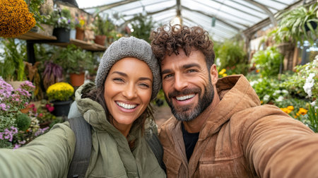 A couple smiling together in vibrant flower garden, enjoying nature beautyの素材