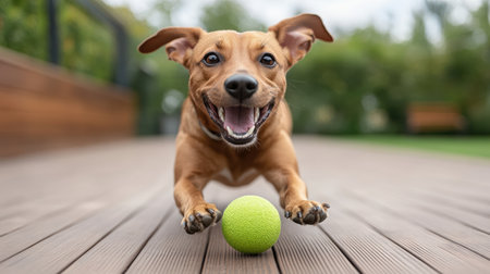 A happy dog running towards green ball in sunny park settingの素材
