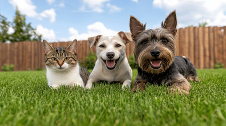 A Playful dog and curious cat enjoying sunny garden togetherの素材