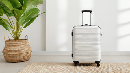 A stylish travel suitcase stands on plush carpet beside plantの素材