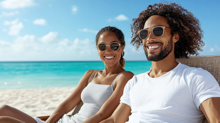 A Relaxing couple on beach chairs enjoying music and sunshine togetherの素材