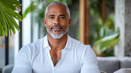 A confident man in financial role, smiling in modern office settingの素材