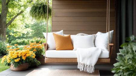 A Cozy patio with swing chair, surrounded by vibrant flowers and greeneryの素材