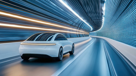 A Futuristic car speeding through high tech tunnel with glowing lightsの素材