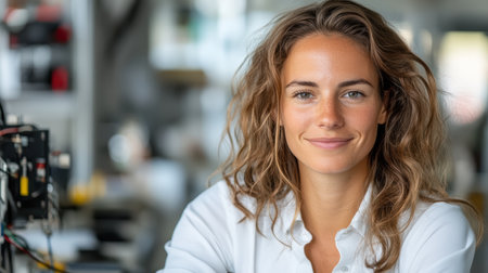 A woman in tech lab smiling confidently while debugging softwareの素材