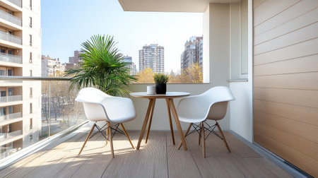 A Minimalist balcony with small table and chairs, featuring greeneryの素材
