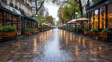 A Parisian street during light rain, featuring umbrellas and reflectionsの素材