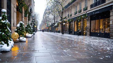 A Parisian street during light snowfall, adorned with holiday decorationsの素材