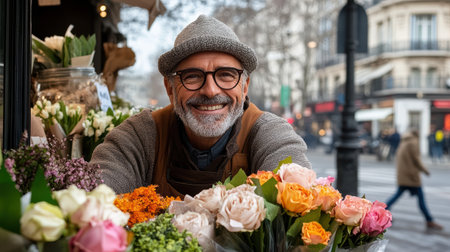 A cheerful street vendor selling colorful flowers in Parisの素材