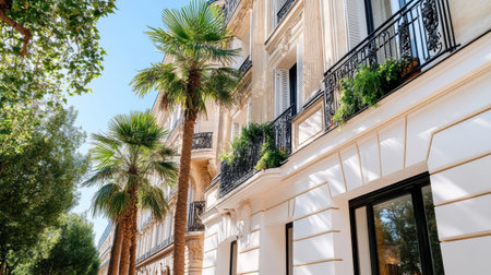 An Elegant Parisian building with palm trees and intricate architectureの素材
