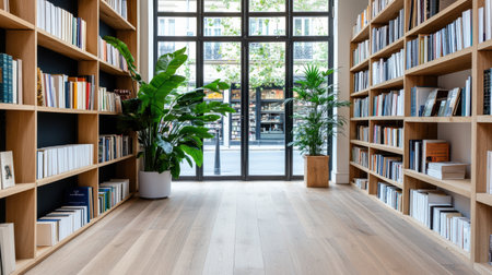 A cozy Parisian bookstore with shelves filled with books and plantsの素材