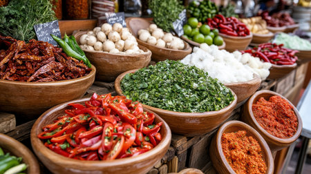 A Fresh produce and spices at vibrant market in Dubai, showcasing colorful ingredientsの素材