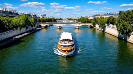 A scenic view of Seine River with boat and bridges under blue skyの素材