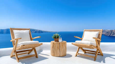 A Relaxing chairs with stunning sea view from luxury hotel terraceの素材