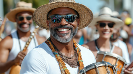 A joyful street festival with musicians playing drums and dancingの素材