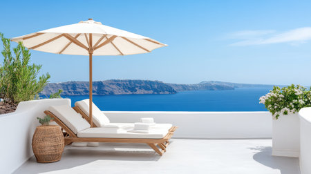 A Luxurious sunbed with umbrella overlooking stunning caldera viewの素材