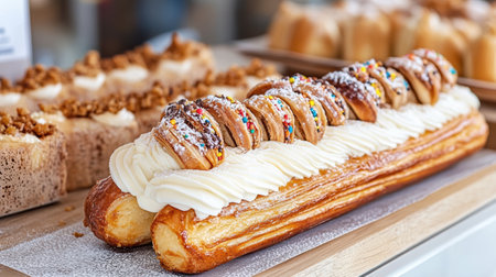 A Delicious pastry topped with colorful decorations and creamの素材