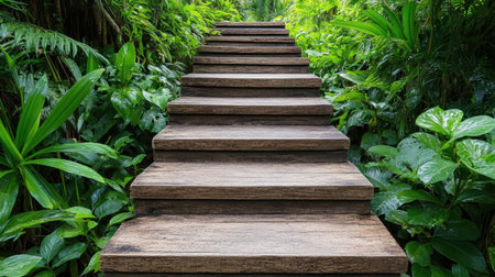 A Lush green jungle trails with wooden stairs leading through vibrant foliageの素材