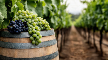 A Fresh grapes on wooden barrel in lush vineyards, showcasing nature bountyの素材