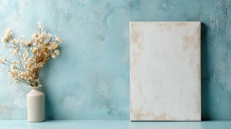 A Minimalist decor with vase and blank canvas on blue wallの素材