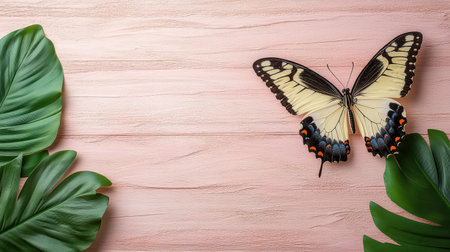 A Colorful butterfly resting on vibrant pink canvas with green leavesの素材