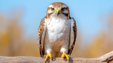 A Majestic hawk perched on branch against serene blue skyの素材