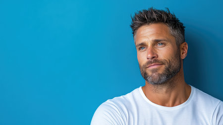 A Serious man with beard on deep blue background, expressing contemplationの素材