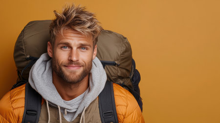 An Adventurous man with backpack smiling against muted brown backgroundの素材
