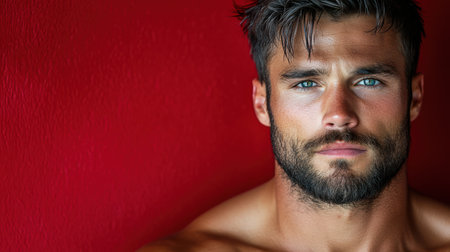 An Intense man with blue eyes and beard on dark red backgroundの素材