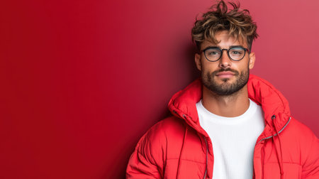 A man in red puffer jacket poses confidently against dark red backgroundの素材