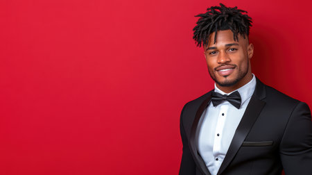 An Elegant man in tuxedo against rich burgundy background, exuding confidenceの素材