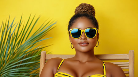 A Chic woman in yellow swimsuit and sunglasses, relaxing in summerの素材