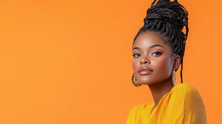 A woman with thoughtful gaze against warm coral backgroundの素材