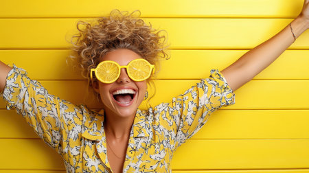 A Joyful woman wearing lemon themed sunglasses against bright yellow backgroundの素材