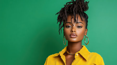A Confident woman with stylish hair and yellow shirt against green backgroundの素材