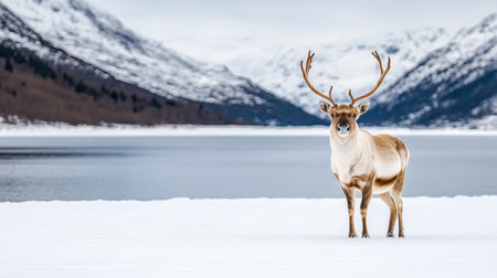 A Majestic caribou standing tall on serene snow covered landscapeの素材