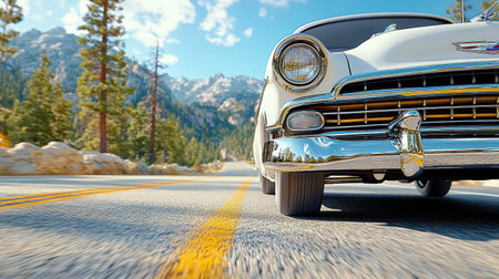 A classic car driving on scenic road surrounded by mountains and treesの素材