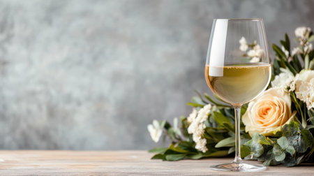 A wine glass with beautiful floral arrangement beside itの素材