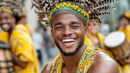 A joyful performer in traditional attire at vibrant cultural festivalの素材