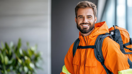 A Brightly dressed man in orange jacket with backpack, smiling happilyの素材