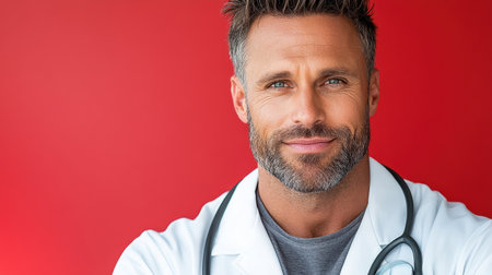 A Doctor smiling confidently with stethoscope against red backgroundの素材