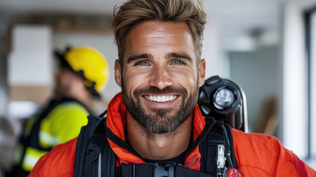 A Smiling firefighter in rescue gear, celebrating successful missionの素材