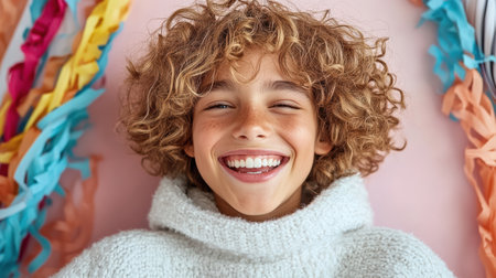 A Teen with playful grin, surrounded by colorful streamers, radiating joyの素材