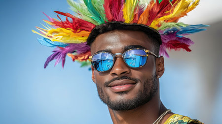 A Vibrant man wearing colorful feathered headdress and sunglasses, smiling joyfullyの素材