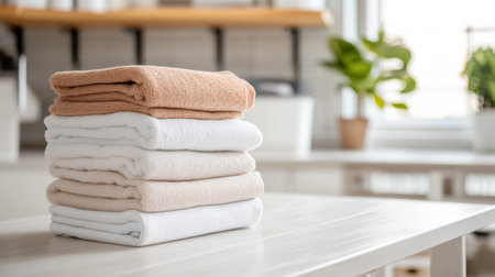 A Freshly folded towels in bright laundry room create cozy atmosphereの素材
