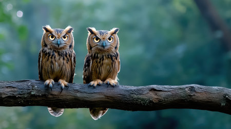 A Majestic owls perched on branch, showcasing their striking eyes and feathersの素材