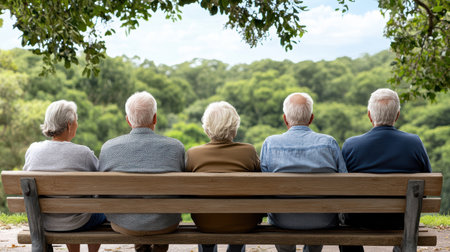 An Elderly people sitting on park bench enjoying nature and companionshipの素材