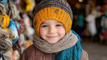 A child wearing cozy hat and scarf smiles warmly in marketの素材