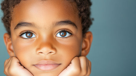 A child face showing determination and curiosity with bright eyesの素材